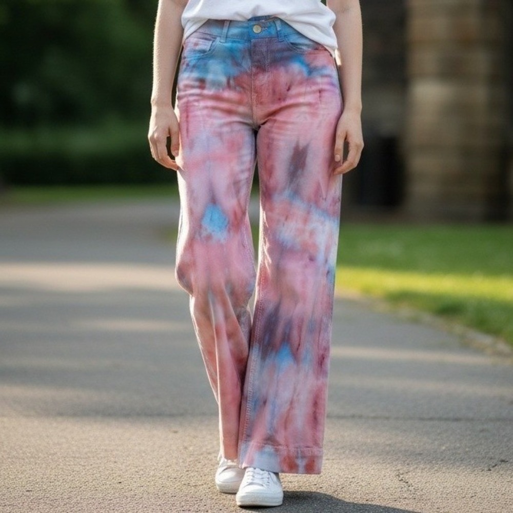 Kelleydeeee OG Pink Blue Tie Dye Wide Leg Jeans High Rise Size 8